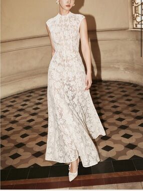 Huong Boutique Elegant White Lace Maxi Dress + Slip